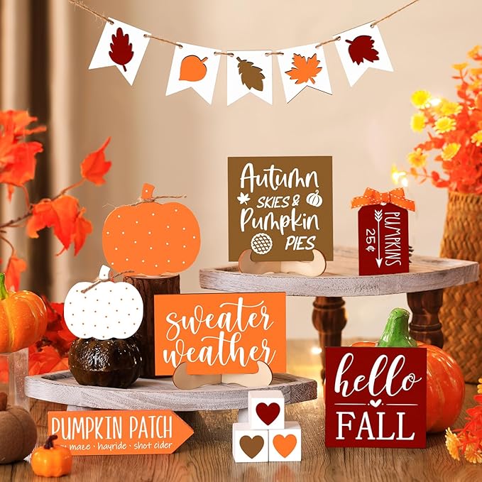 Sumind 15 Pcs Fall Tiered Tray Decor Set Fall Decorations for Home Autumn Wood Signs Thanksgiving Orange Brown Table Signs Farmhouse Wooden Maple Pumpkin Gnomes Tabletop for Festival(Autumn)