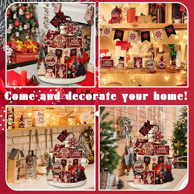17 Pcs Christmas Tiered Tray Decor Set Winter Tiered Tray Decorations Farmhouse Tabletop Centerpiece Christmas Wooden 3D Sign for Xmas Home Buffalo Plaid Rustic Table Decoration(Retro)