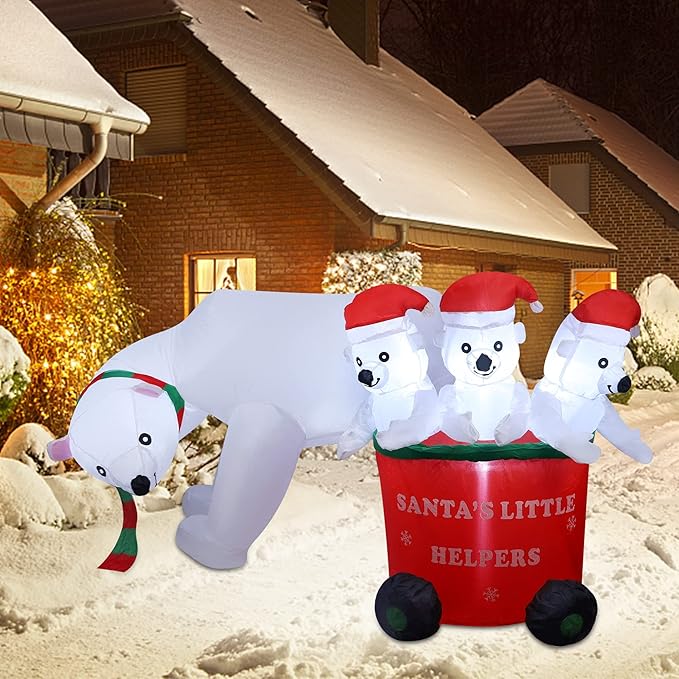 DR.DUDU 7 FT Christmas Inflatables Polar Bear with Santa Hat, Christmas Bear Blow up Outdoor Decorations for Lawn Garden Yard Xmas Holiday Party