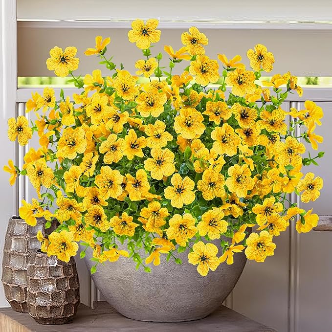 Agusbagli 24 Bundles Artificial Flowers Outdoor UV Resistant Fake Flowers No Fade Faux Plastic Greenery Shrub Plants for Wedding Home Garden Window Box Fireplace Thanksgiving Christmas Decor, Yellow