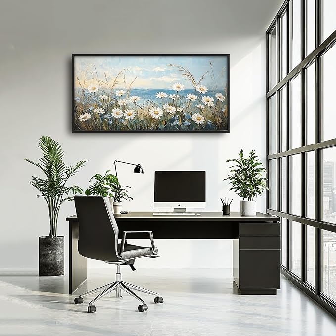 Flintis Large Ocean Daisy Framed Wall Art Beach Daisy Flower Pictures Wall Decor Abstract Natural Landscape Canvas Painting Print Artworks Framed for Living Room Bathroom Master Bedroom 60L X 30W