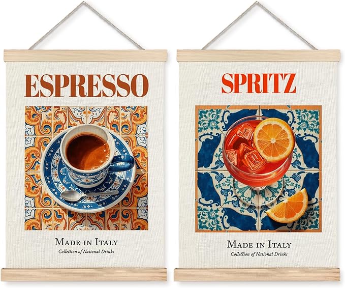 Yomisex Italian Kitchen and Bar Wall Art Poster, Italian Traditional Cocktail Coffee Canvas Prints Wall Art Framed for Kitchen Cafe Coffee Bar Pub, 12x16 Inch Set of 2