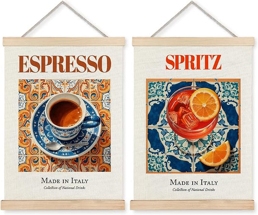 Yomisex Italian Kitchen and Bar Wall Art Poster, Italian Traditional Cocktail Coffee Canvas Prints Wall Art Framed for Kitchen Cafe Coffee Bar Pub, 12x16 Inch Set of 2