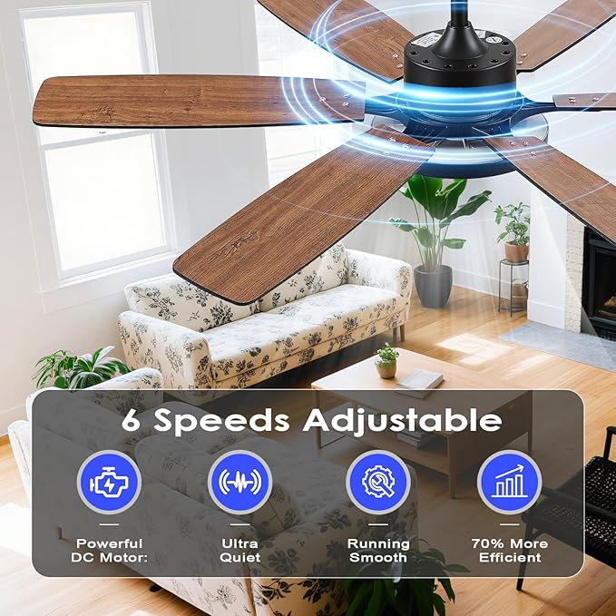 Ceiling Fan with Light,52“ Ceiling Fans with Light and Remote/APP for Bedroom with DC Motor, 6-Blade,3CCT,Surper Bright Dimmable LED Flush Mount Ceiling Fan for Kitchen Patio Use,Indoor/Outdoor Black