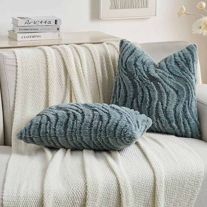 FUTEI Blue Decorative Throw Pillow Covers 18x18 Inch Set of 2,Soft Faux Fur Geometric Shapes Texture Cushion Case,Boho Home Decor for Couch Bed Living Room