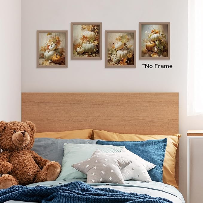 TLESKE Vintage Fall Pumpkin Posters Prints Unframed 8x10 Set of 4, Rustic Farmhouse Cottagecore Wall Art Prints Decor for Bedroom Living Room, Autumn Leaves Thanksgiving Wall Pictures