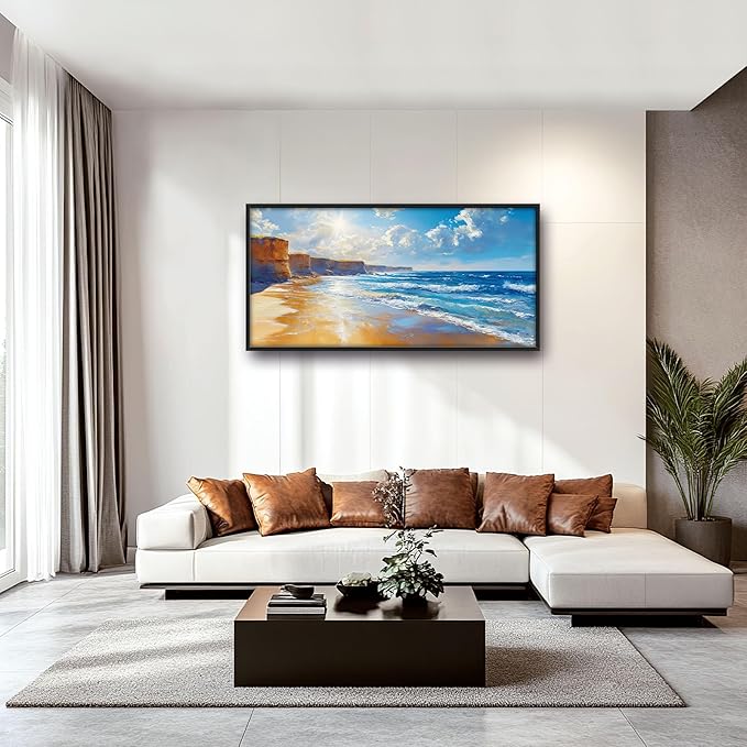 Coastal Beach Large Wall Art for Living Room, Ocean Sun Oversized Wall Decor Pictures, Seaside Framed Canvas Print Painting, Modern Artwork for Bedroom Office Home Decor 60"x30"