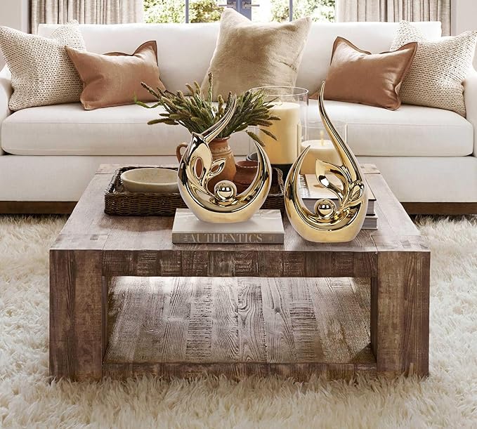 2 PCS Gold Decor Accents Mid Century Modern Decor Golden Living Room Decor Ceramic Sculpture Centerpiece Table Decorations Centerpieces for Tables Kitchen Shelf Bookshelf Office Dining Table Decor