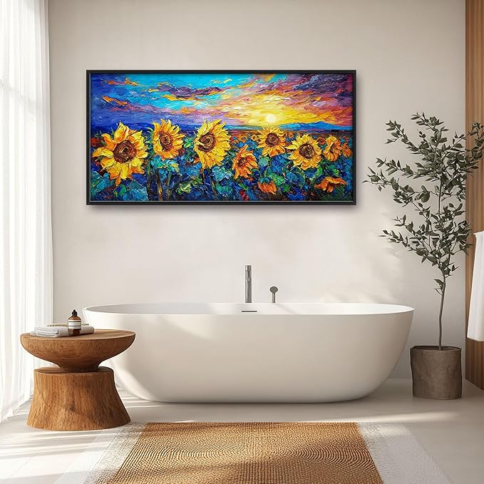Sunflower Large Wall Art for Living Room Framed, Floral Wall Decor Pictures, Sunflower Field Landscape Canvas Print Painting, Aesthetic Artwork Bedroom Office Home Decor 60"x30"