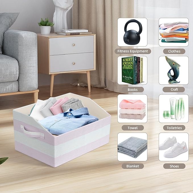 Linen Closet Organizers and Storage, Trapezoid Fabric Bins, Home Office Organization Baskets Striped Collapsible Box with Handles for Clothes, Blanket, Books, DVD, 4 Pack, Light Pink/White