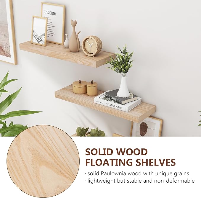 fuqing Natural Wood Floating Shelves for Wall - 24 Inch Wood Shelves Set of 2 - Natural Wooden Wall Shelves for Living Room Bedroom Home Office