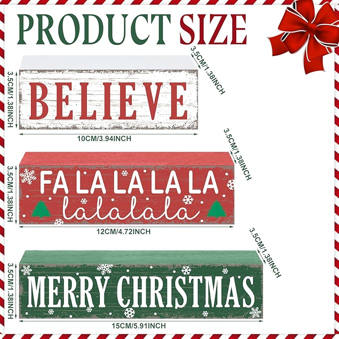 Geelin 4 Pieces Merry Christmas Wooden Table Decorations Xmas Present Box Wooden Signs Rustic Christmas Tiered Tray Decor Xmas Believe Tabletop Centerpieces for Home Desk Room Kitchen Shelf