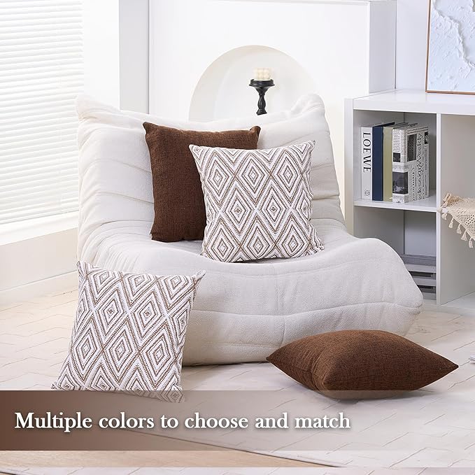 HPUK Decorative Throw Pillow Covers Set of 4 Geometric Design Linen Cushion Cover for Couch Sofa Living Room, 18"x18" inches, Chocolate
