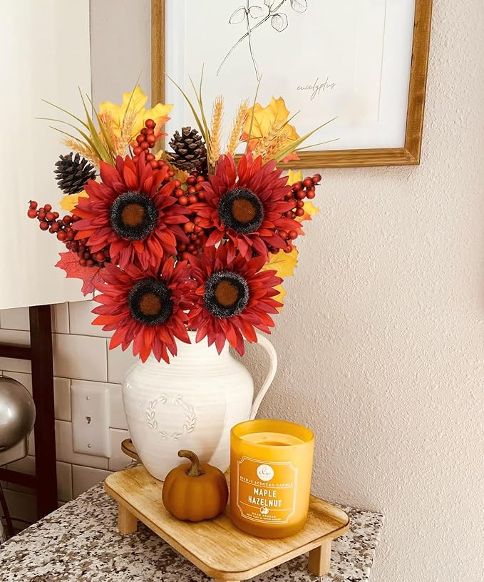 Briful Set of 2 16in Fall Burgundy Sunflower Picks and Sprays with Pinecones Berries Maple Leaves Artificial Fall Floral Branches Stems for Autumn Home Wedding Party Vase Centerpieces Decor