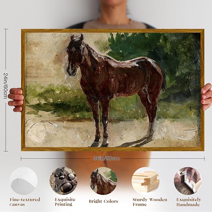 crmotu Vintage Framed Wall Art, Still Life Horse Large Artwork, Animal Landscape Canvas Prints, Antique Aesthetic Pictures Wall Decor Living Room Bedroom Farmhouse Home Office Decorations 24x36in