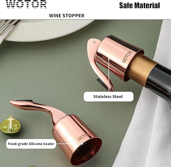Stainless Steel Wine Bottle Stoppers with Silicone - Reusable Wine Saver and Decorative Bottle Sealer, Leakproof, Keep Fresh, Rosegold, 2 Pack