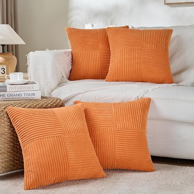 Fancy Homi 4 Packs Orange Fall Decorative Throw Pillow Covers 18x18 Inch for Living Room Couch Bed Sofa, Farmhouse Boho Home Decor, Soft Cross Corduroy Patchwork Textured Accent Cushion Case 45x45 cm