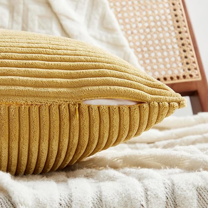 Fancy Homi 4 Packs Mustard Yellow Lumbar Decorative Throw Pillow Covers 12x20 Inch for Living Room Couch Bed, Rustic Farmhouse Boho Home Decor, Soft Striped Corduroy Rectangle Accent Cushion Case