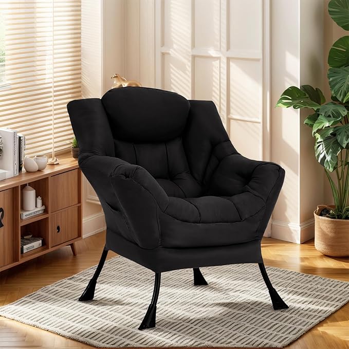 Lazy Chair for Living Room, Modern Accent Chairs with Armrests, Comfy Lounge Chair with Side Pocket, Cozy Lazy Sofa for Reading, Balcony, Bedroom, Dorm, Small Spaces (Black)
