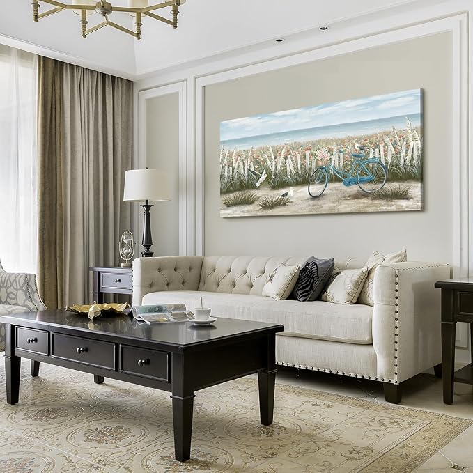 Large Wall Art for Living Room Boho Ocean Beach Canvas Print Coastal Vintage Wildflower Daisy Flowers Landscape Seaside Blue Bicycle Seagull Seascape Artwork for Seashore Farmhouse Bedroom 60x30inch