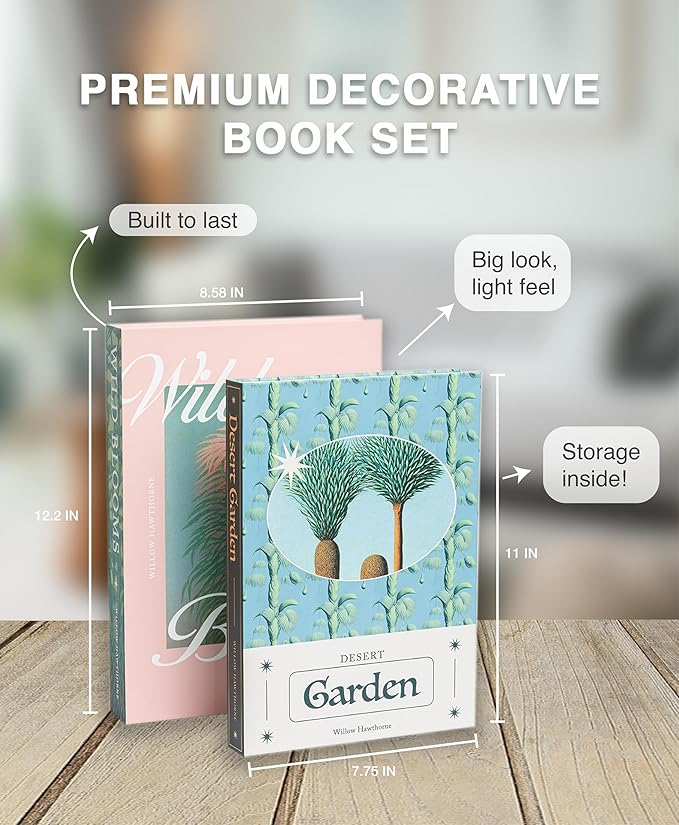 Set of 2 Decorative Books – Botanical Faux Books with Hidden Storage, Coffee Table Decor, Bookshelf Decoration, Decorative Storage Box, Faux Book Set, 12.2x8.6x1.5” & 11x7.7x1.2”