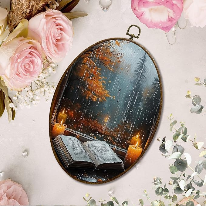 JQF Dark Academia Fall Rainy Oval Wall Art, Cottagecore Rainy Fall Candle Oval Canvas Wall Art, Dark Academia Bookish Framed Prints Hanging Decor for Home Bedroom Reading Room Library, 8.5x11.5 Inch