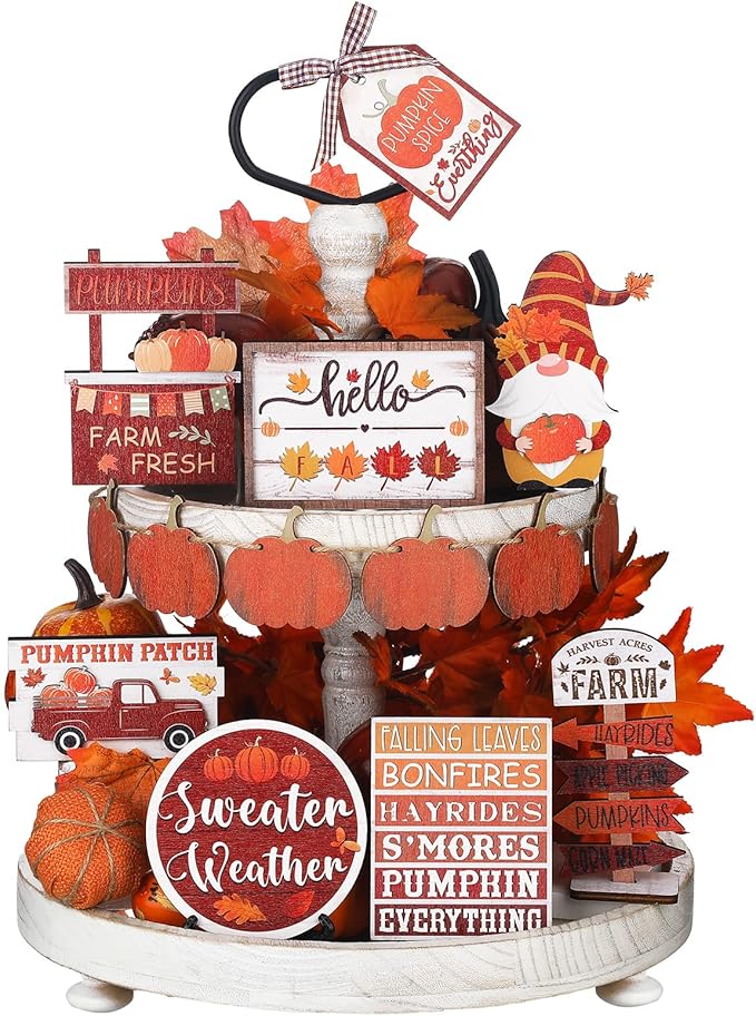 Amyhill 13 Pcs Fall Thanksgiving Tiered Tray Decor Set Pumpkin Maple Gnome Wooden Signs Hello Fall Table Centerpieces Farmhouse Tabletop Decorations for Home Autumn Harvest Shelf Table