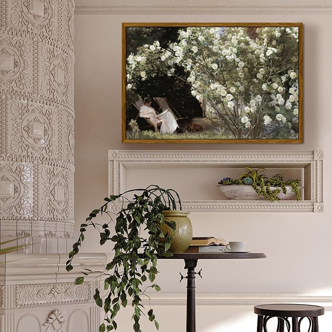 crmotu Framed Canvas Wall Art, Country Garden Landscape Large Artwork, Lady and Roses Vintage Art Prints, Retro Wall Paintings for Living Room Bedroom, Rustic Farmhouse Pictures 24x36in