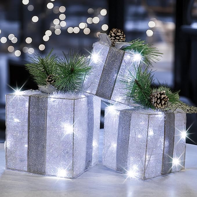 Hourleey Set of 3 Christmas Lighted Gift Boxes, Pre-lit 60 LED Light Up Present Boxes Ornament Outdoor White Tinsel Boxes Decoration for Indoor Christmas Home Yard Lawn Decor