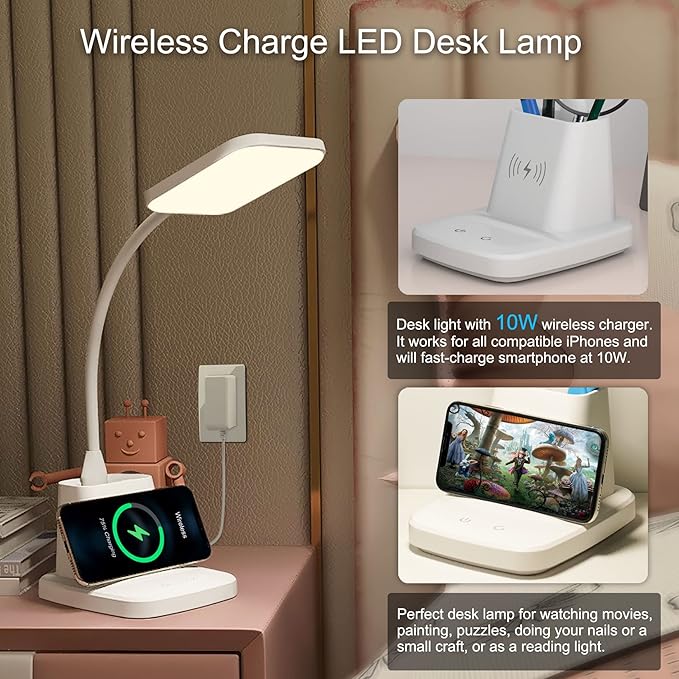 LED Desk Lamp with Wireless Charger, Sailstar White Desk Light with Pen Holder, 3 Color Modes with Stepless Dimming, CRI 85, 800 Lumen, Study Lamps for College Dorm Room, Home Office, Adapter Included