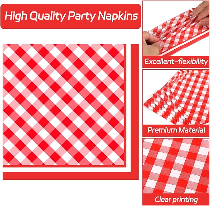 Gingham Oval Paper Plates 11inch Red and White Checkered Plates and Napkins, Dish Tray for BBQ Gathering Picnic Carnival Theme Party Supplies Holiday Baby Shower Birthday Tableware, 25 Guest