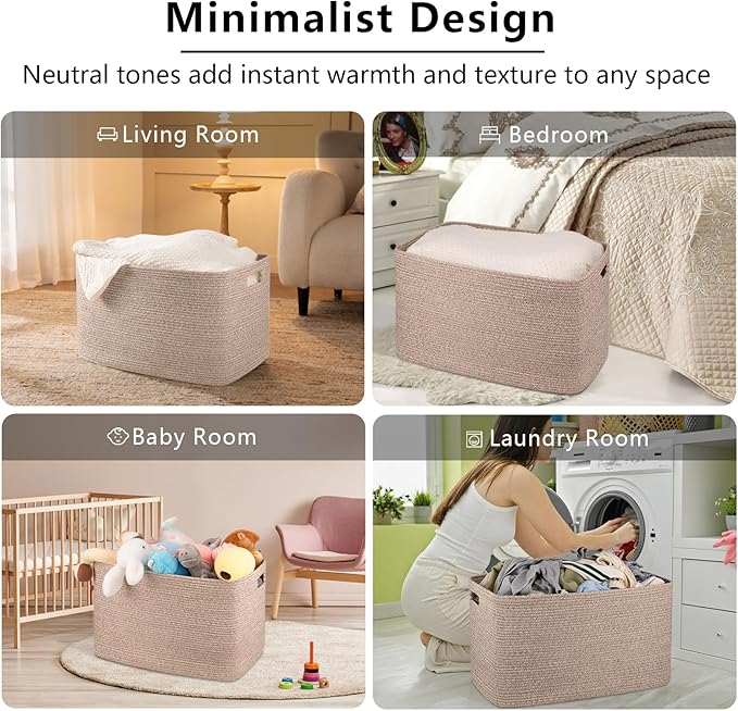 OIAHOMY 118L XXXLarge Cotton Rope Storage Basket, Oversized Blanket Basket, Used for Organizing Dirty Clothes in Living Room, Bedroom, Nursery, Dog Toy Storage Bins, 25" x 17" x 16",Brown variegated