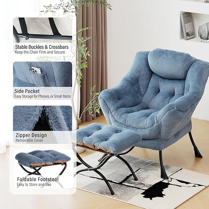 Lazy Chair with Ottoman, Modern Chair with Folding Footrest, Lounge Accent Chair, Comfortable Reading Chair (Plush Light Blue)