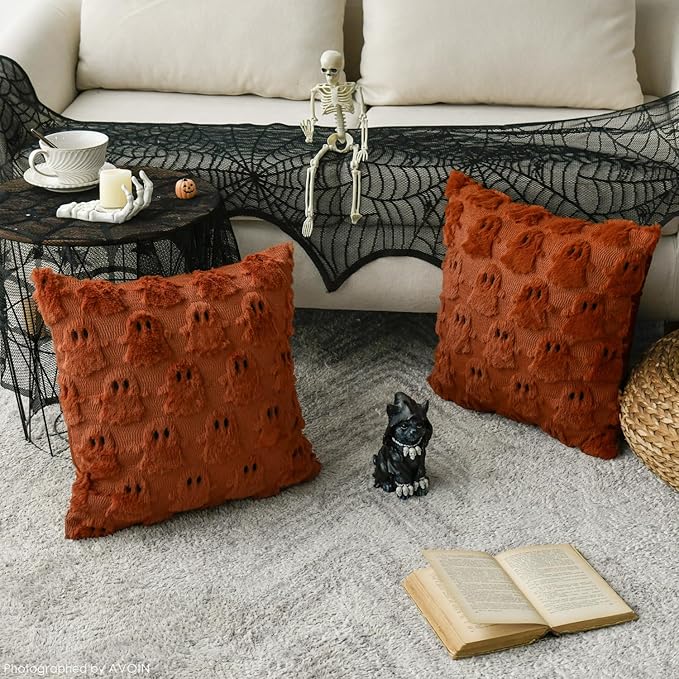 AVOIN colorlife Halloween Ghost Caramel Throw Pillow Cover Set of 2, 16 x 16 Inch Soft Plush Faux Fur Jacquard Spooky Cushion Case Decoration for Sofa Couch