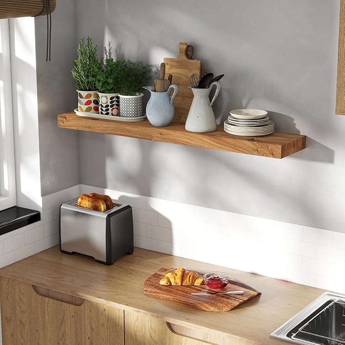 40 Inch Floating Shelves for Wall, Rustic Elm Wood Shelf for Home Decor, Heavy-Duty Wooden Floating Shelves for Kitchen, Wall Mounted Storage Shelves for Bathtoom, Living Room, Natural Color, Set of 1