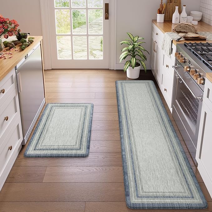 KIMODE Anti Fatigue Kitchen Mats for Floor, Blue Grey Farmhouse Kitchen Rugs Sets of 2, Padded Kitchen Floor Mats Non Slip, Cushioned Standing Mats for Front of Sink Laundry Desk 20"x71"+20"x32"