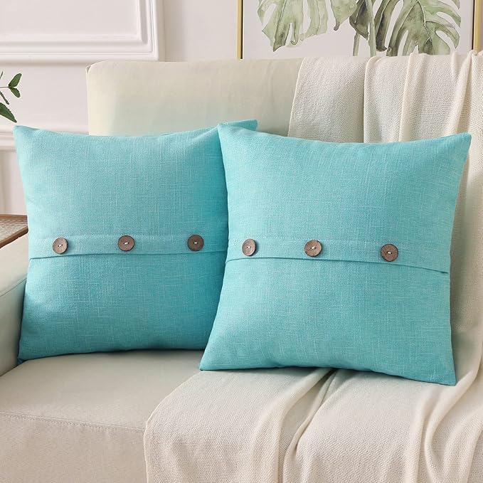 HAUSSY Turquoise Linen Decorative Throw Pillow Covers 24x24 Inch Set of 2, Square Euro Cushion Case with 3 Vintage Buttons,Modern Farmhouse Home Decor for Couch,Bed