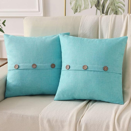 HAUSSY Turquoise Linen Decorative Throw Pillow Covers 24x24 Inch Set of 2, Square Euro Cushion Case with 3 Vintage Buttons,Modern Farmhouse Home Decor for Couch,Bed