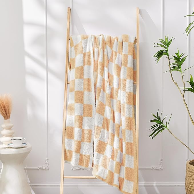 JOOJA Soft Cozy Checkerboard Peach Blanket Fluffy Knit Throw for Couch Plaid Checkered 50x60 in