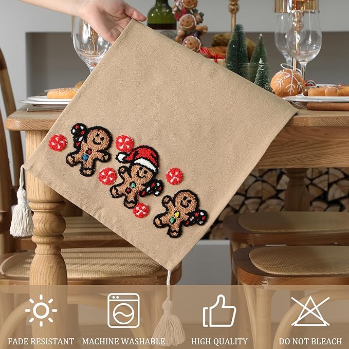 Breling Christmas Gingerbread Man Table Runner Jacquard Christmas Gingerbread Man Table Runner Winter Xmas Holiday Kitchen Dining Decoration for Home Winter Holiday Kitchen Decor 13x72 Inch (Brown)