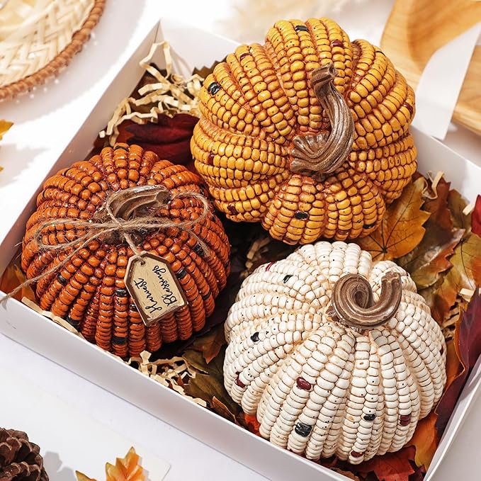 Briful 3PCS Fall Decorative Corn Pumpkin Set – Resin Harvest Pumpkins Fake Corn Pumpkins for Thanksgiving Table Centerpiece Autumn Tiered Tray Indoor Outdoor Fall Decoration