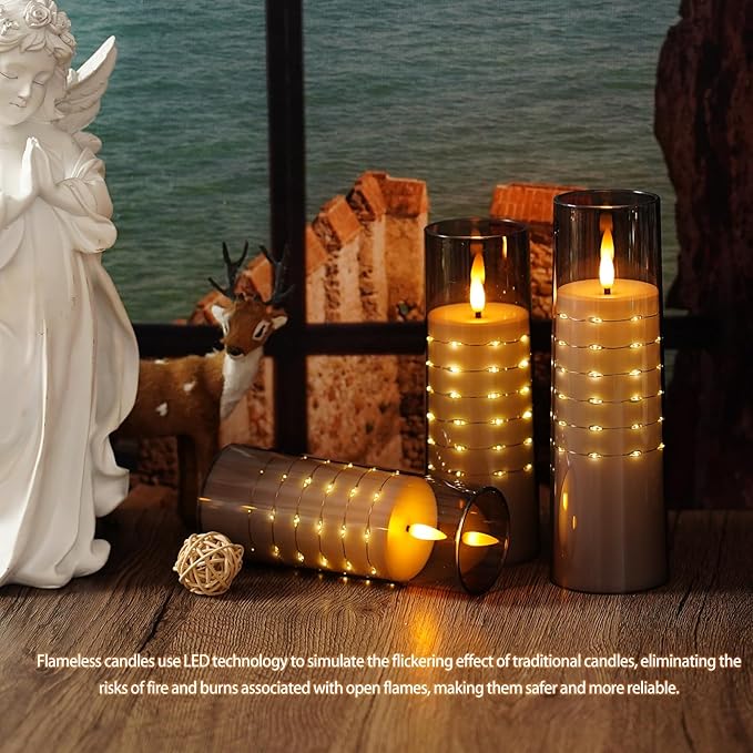 Flameless Candles with Embedded Star String - Flow Flicker Battery LED Candles, Realistic Flame, Grey Set of 5 | Holiday Decoration, Wedding, Party Adding to The Family Atmosphere