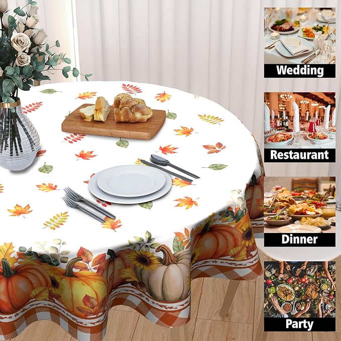 Kawani Fall Round Tablecloth 60 Inch Autumn Harvest Pumpkin Tablecloth Round Farmhouse Rustic Orange Maple Leaf Table Cover Thanksgiving Print Decorative Table Cloth for Home Kitchen Dining Party