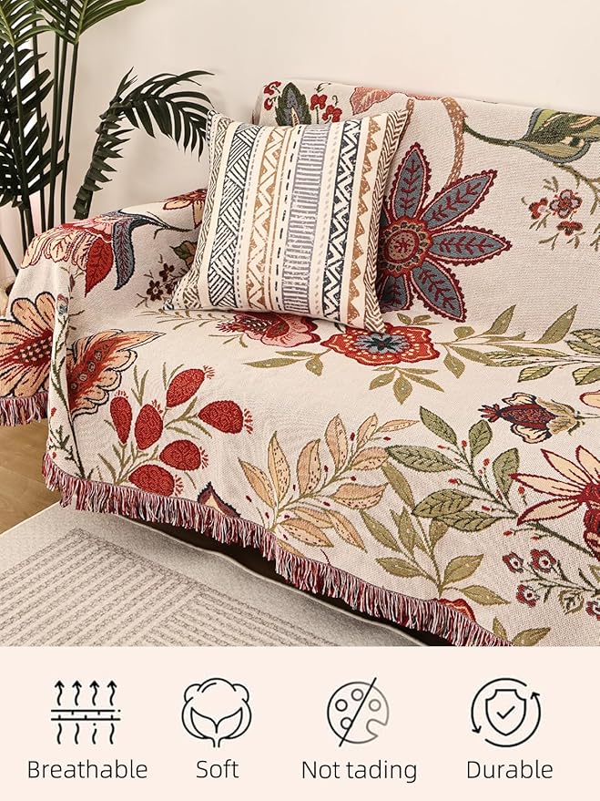 Boho Throw Blanket for Bed Couch Sofa Reversible Cotton Bohemian Travel Quilt Mexican Muslin Blanket Tapestry Hippie Room Decor Outdoor Blanket Double Sided (Boho Flower Dark 4 60"x80")