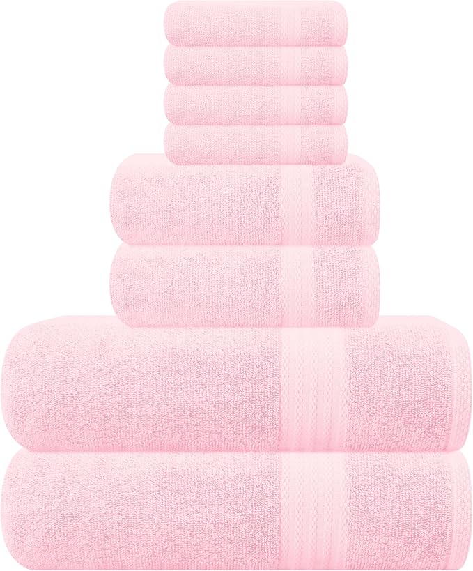 GLAMBURG Ultra Soft 8-Piece Towel Set - 100% Pure Ringspun Cotton, Contains 2 Oversized Bath Towels 27x54, 2 Hand Towels 16x28, 4 Wash Cloths 13x13 - Ideal for Everyday use, Hotel & Spa - Pink