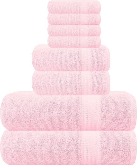 GLAMBURG Ultra Soft 8-Piece Towel Set - 100% Pure Ringspun Cotton, Contains 2 Oversized Bath Towels 27x54, 2 Hand Towels 16x28, 4 Wash Cloths 13x13 - Ideal for Everyday use, Hotel & Spa - Pink