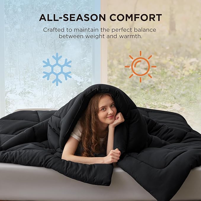 Bedsure Comforter Duvet Insert - Quilted Comforters Twin Size, All Season Duvet, GentleSoft Down Alternative Bedding, with 8 Tabs, Gifts for Women/Men, Black, Twin 88 x 68 Inches