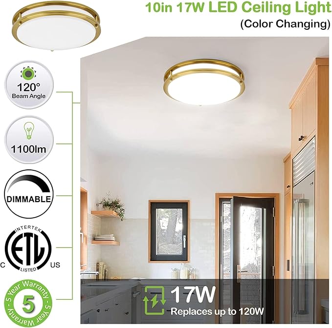 hykolity 10 inch Flush Mount LED Ceiling Light Fixture, 17W 1100lm, 2700K/3000K/3500K/4000K/5000K Adjustable Ceiling Lights, Gold Saturn Dimmable Lighting for Hallway Bathroom or Kitchen