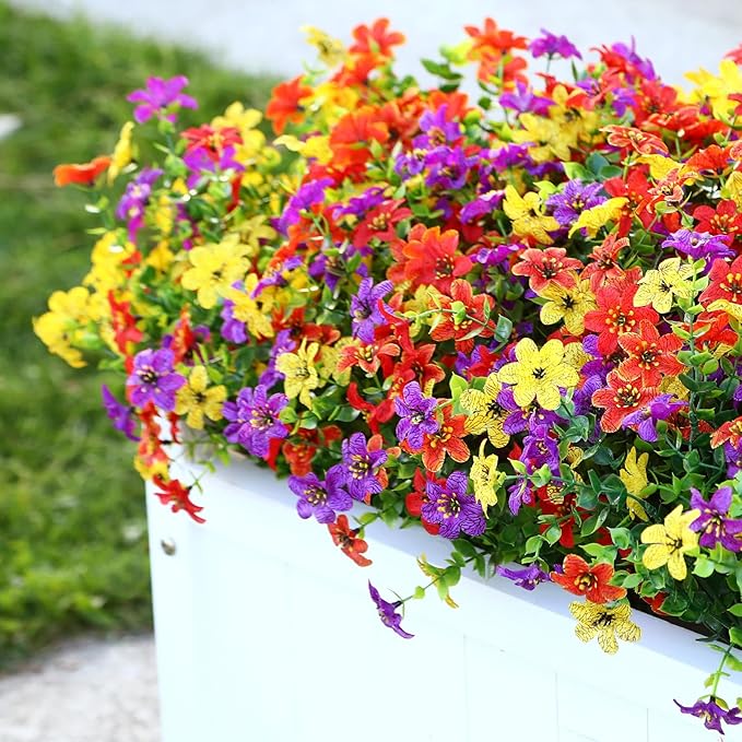 SHareconn 40 Bundles Artificial Flowers for Outdoors Spring Decoration, Fake Silk Realistic Faux Plants UV Resistant for Outdoor Planter Porch Patio Summer Outside Decor, RedPurpleYellowOrange
