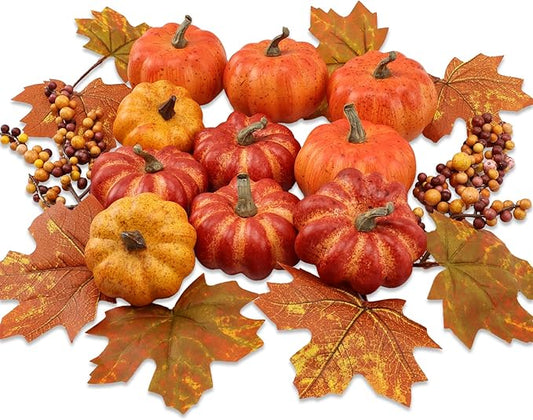 Realistic Mini Pumpkin Decor Indoor 16PCS Artificial Pumpkins for Fall Decorations for Home Fall Centerpieces for Tables Outdoor Thanksgiving Halloween Party/Berries Maple Leaf Autumn Fillers decor